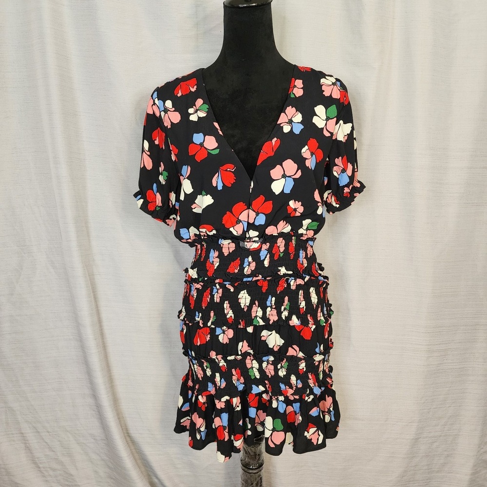 KARLIE Size Medium Black Colorful Floral Rayon Puff Sleeve Smocked Ruffle Dress